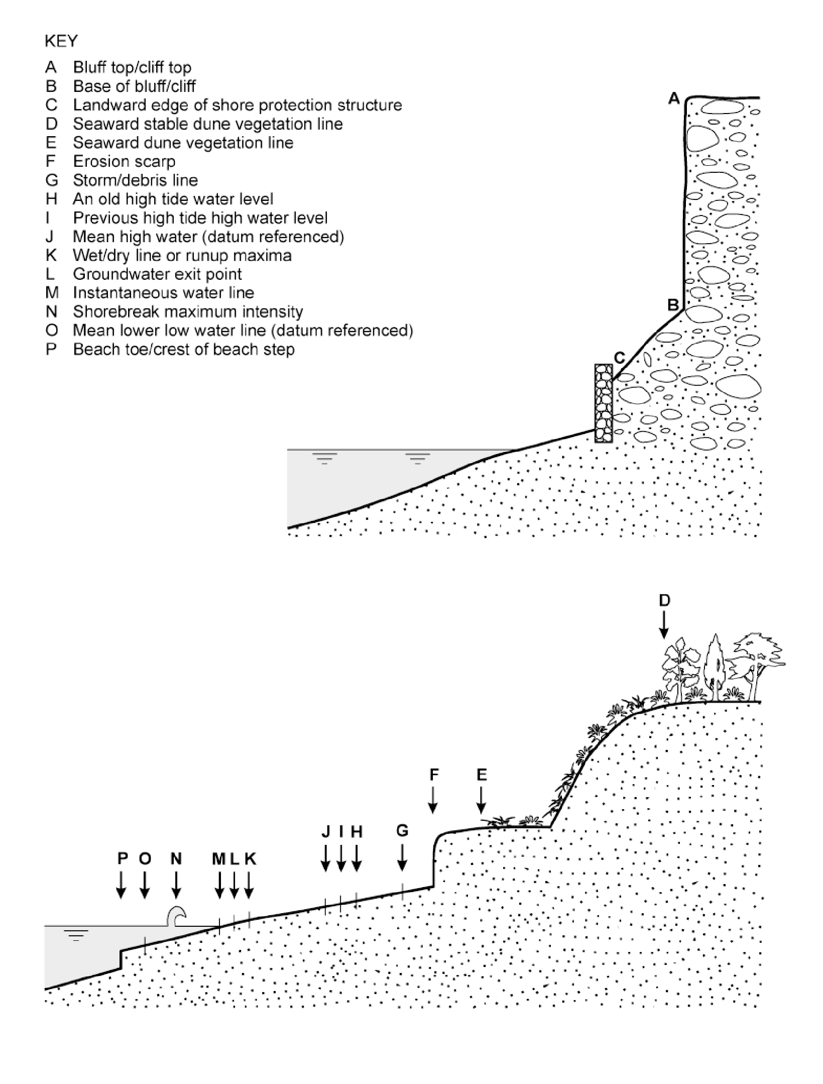 Sketch of the spatial relationship between many of the commonly used shoreline indicators. Issu de .